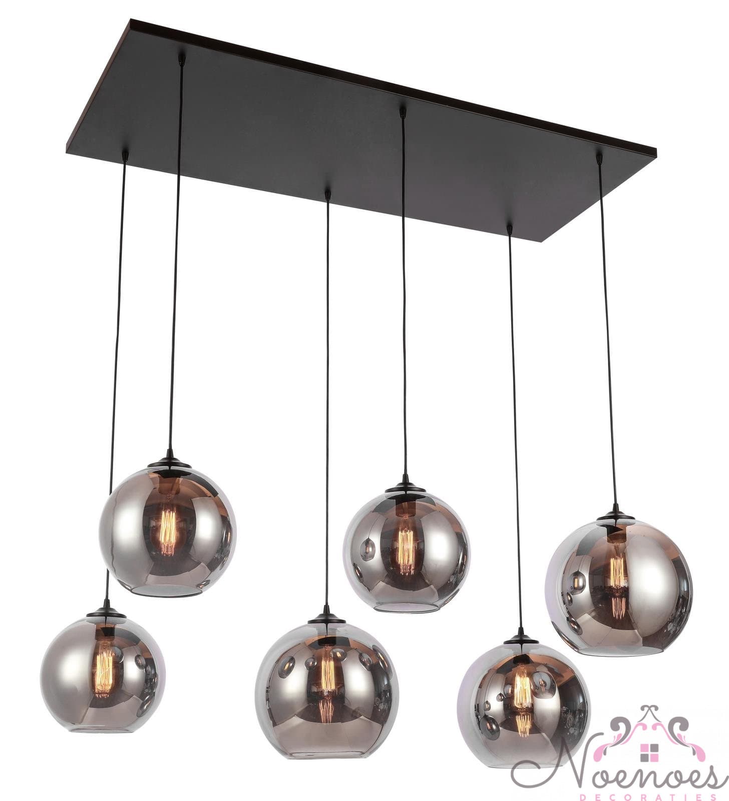 Hanglamp smoke glas 6 bollen met rechthoekige plaat