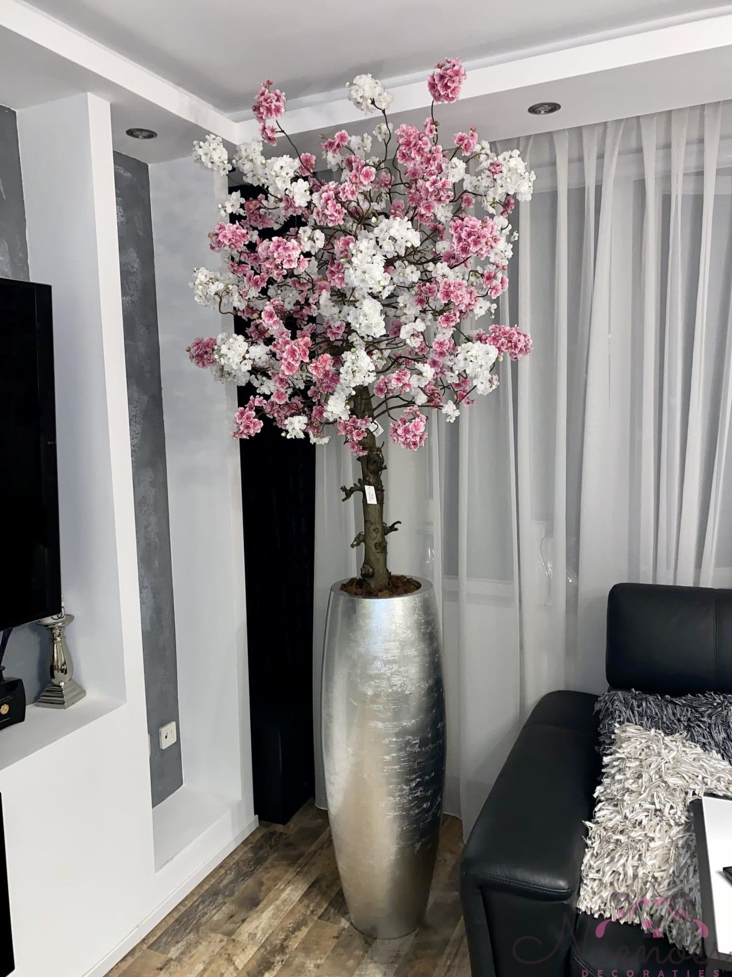 Sakura bloesemboom in zilveren vaas - wit en donkerroze, 235-245 cm