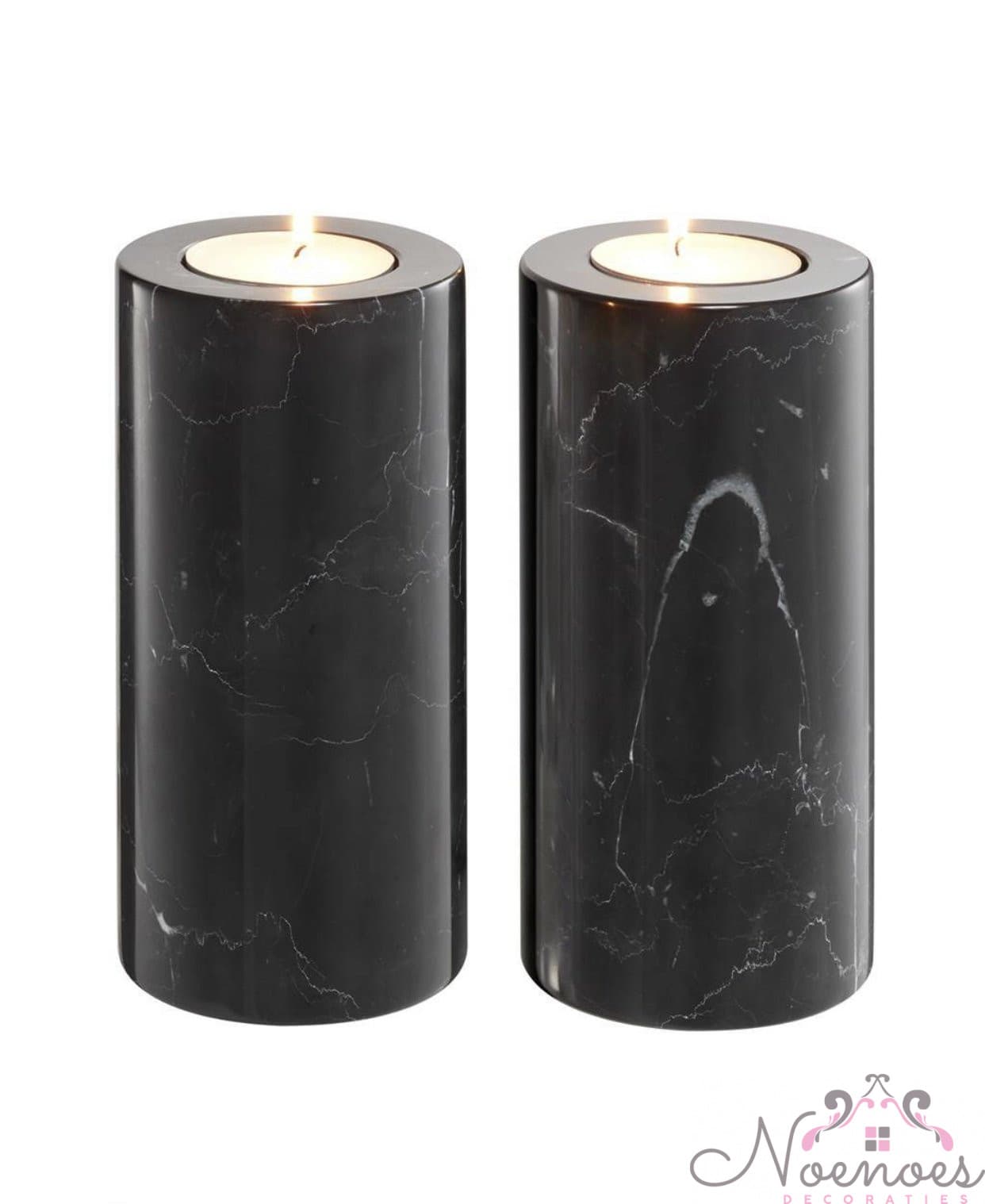 Kaarshouder marmer zwart set van 2 cilinders 10x21 cm