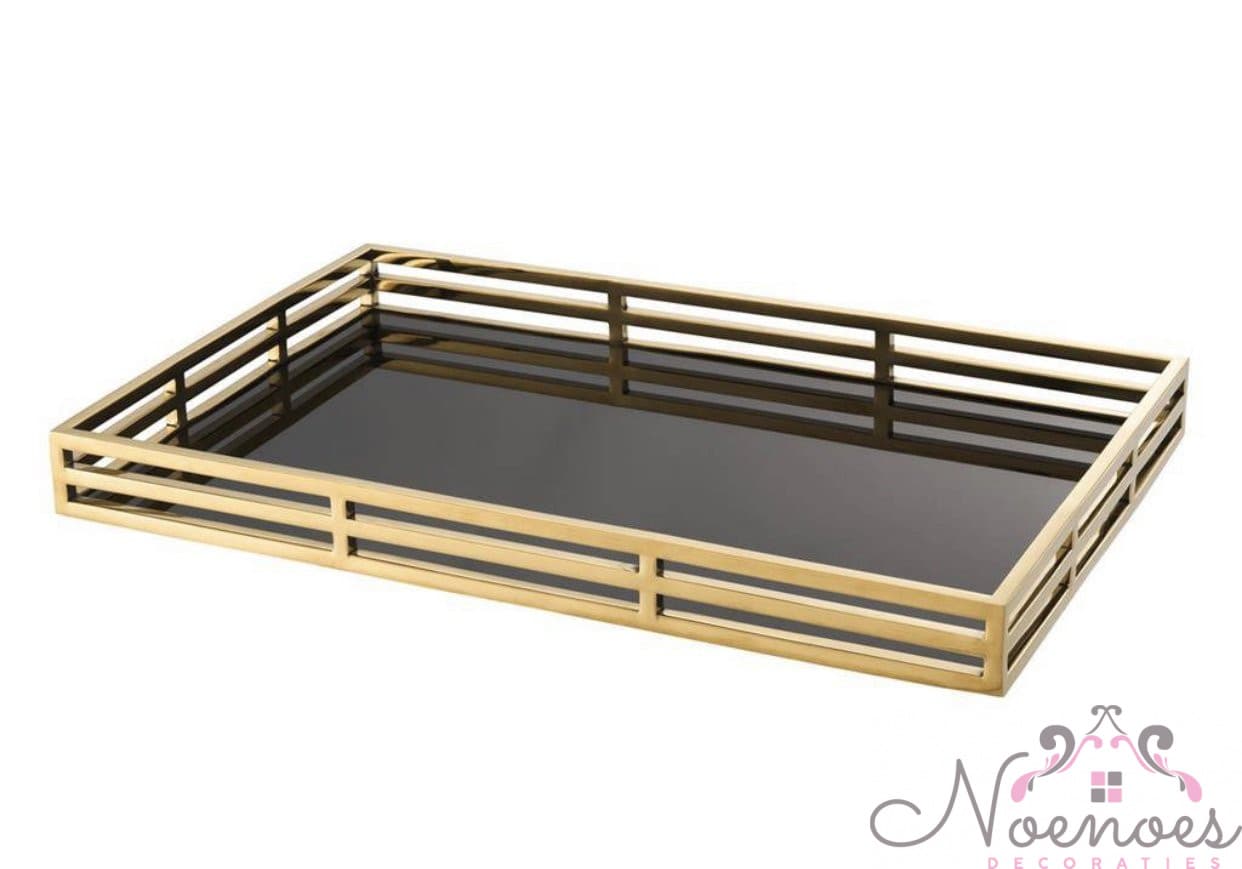 Tray goud met spiegelglas zwart 56x36x5 cm - RVS frame