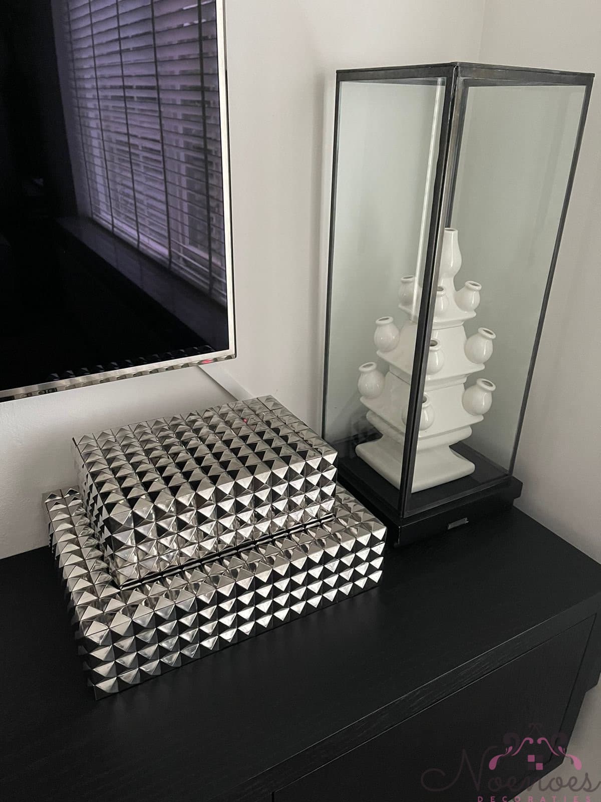 Opbergbox zilver set van 2 met piramide-textuur (L en XL)