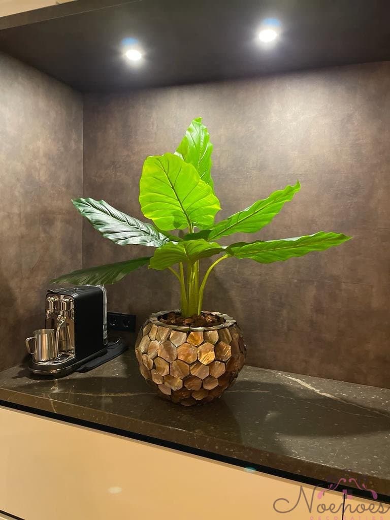 Schelpenvaas bowl met kunstplant 34cm D x 26cm H, 3 kleuren