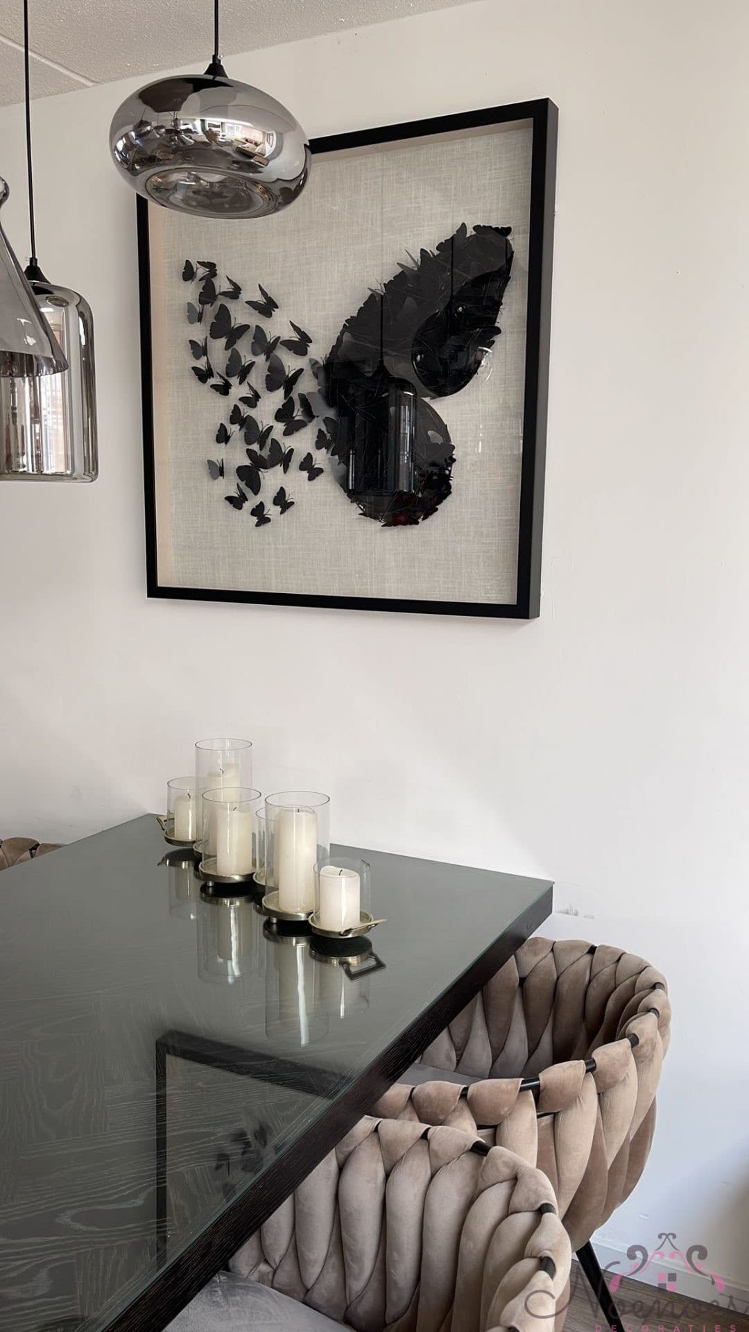 3D vlinderschilderij zwart-wit 90x90 cm met spiegelelementen
