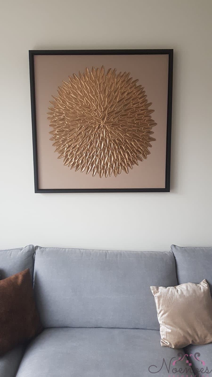 Wanddecoratie taupe goud 3D baklijst zwart 95x95 cm handgemaakt