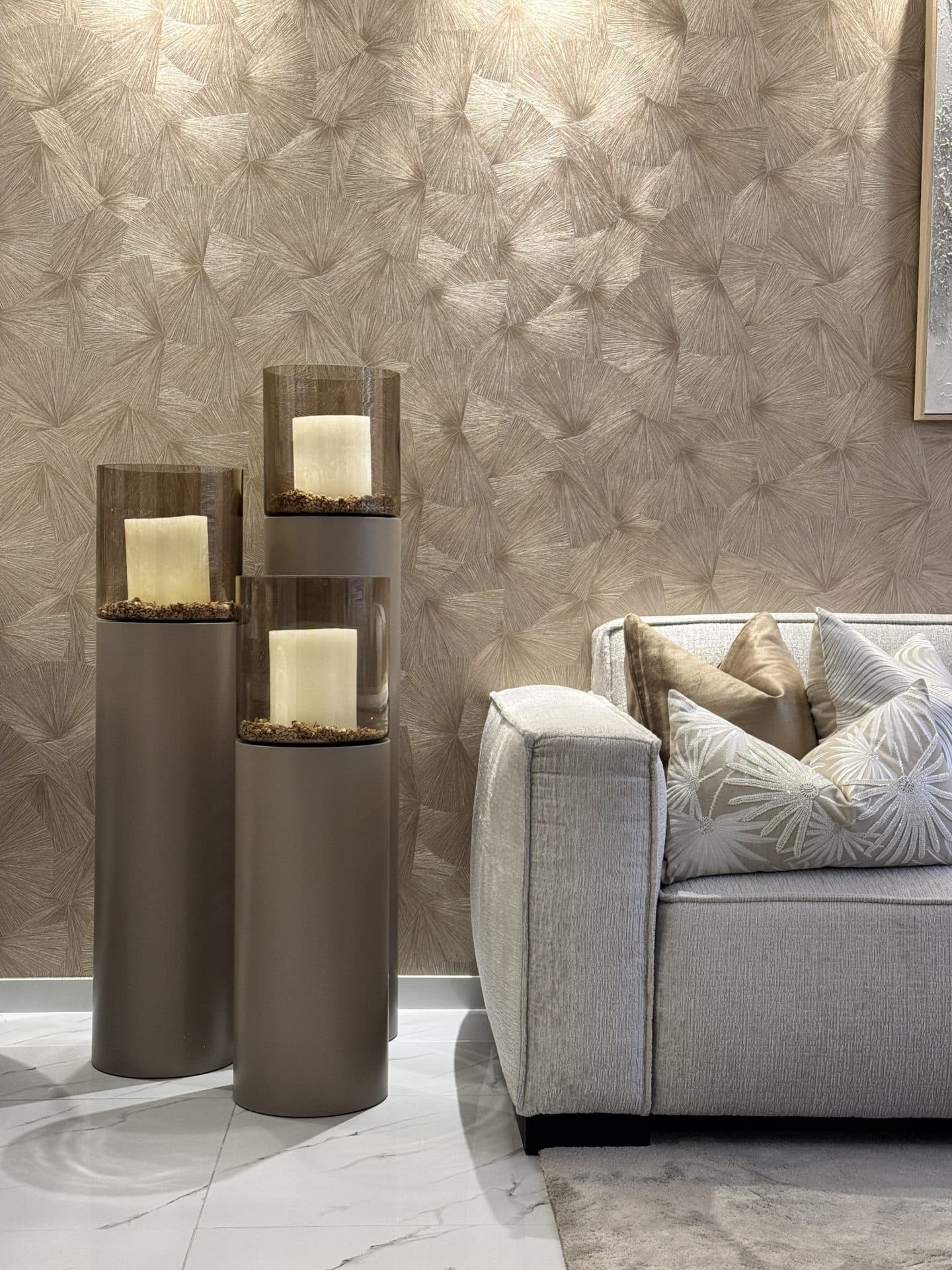 Windlichten set van 3 glazen vloerlantaarns champagne taupe H90-H130 cm