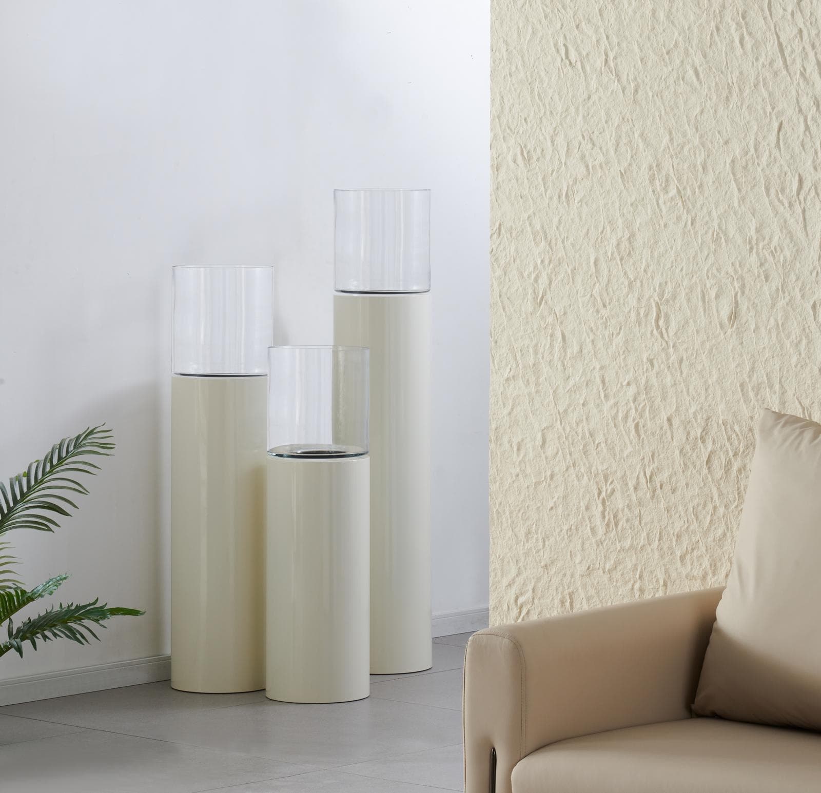 Windlichten set van 3 vloerlantaarns ivory H90, H110 en H130 cm