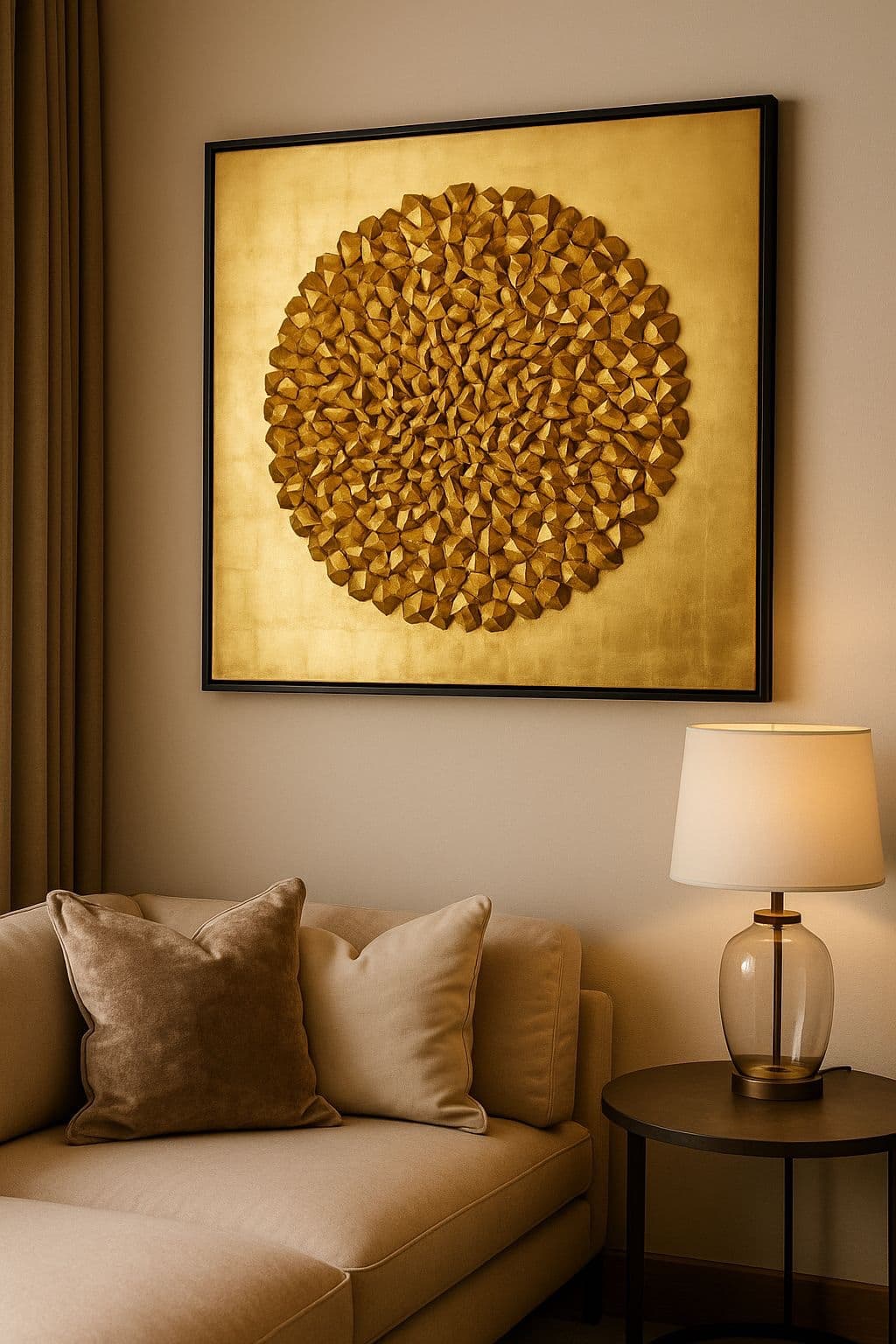 3D wanddecoratie bladgoud cirkel met zwarte lijst 120x120 cm afhaal actie summersale