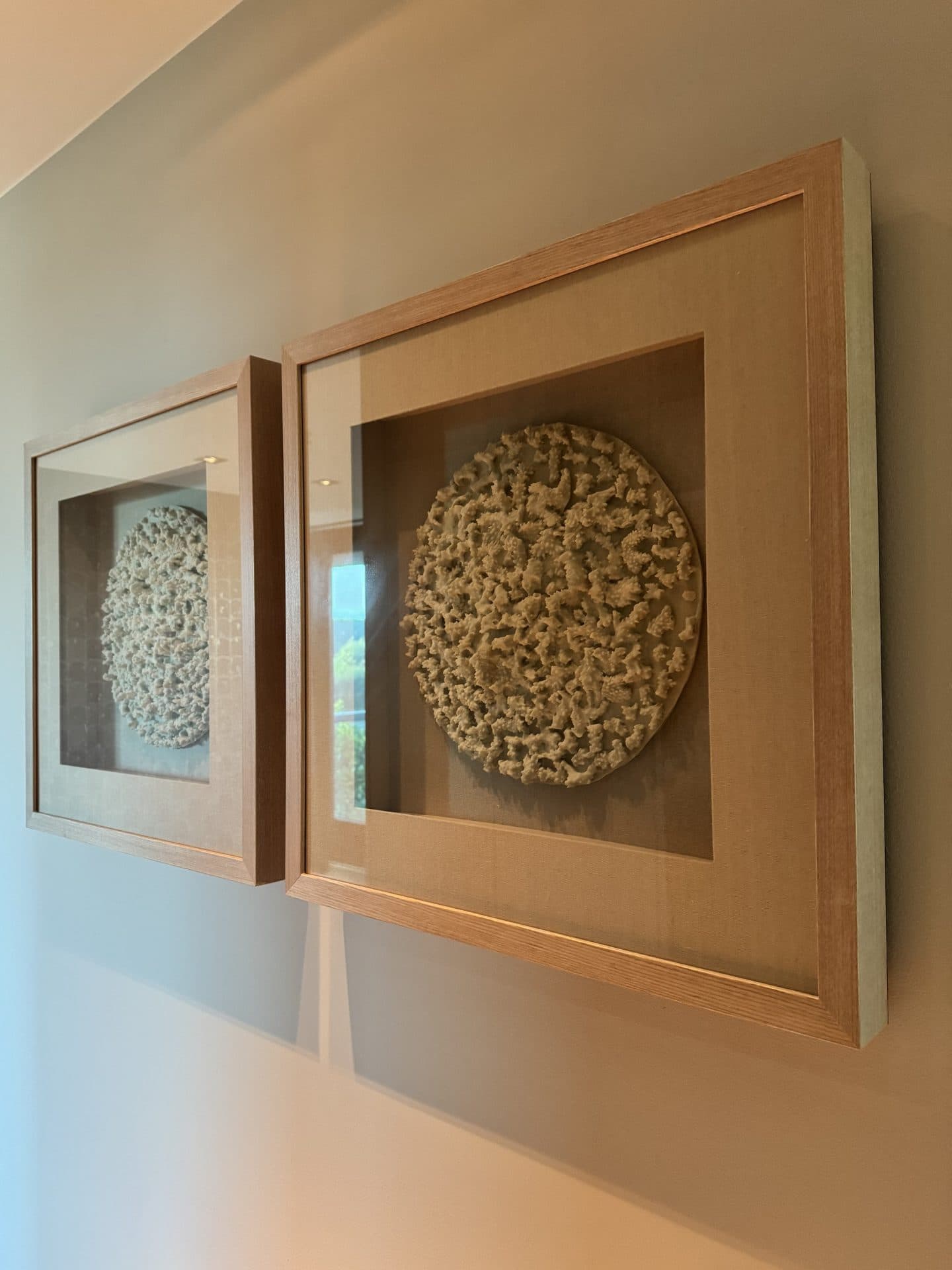 3D wanddecoratie koraal rond in houten lijst 60x60 cm