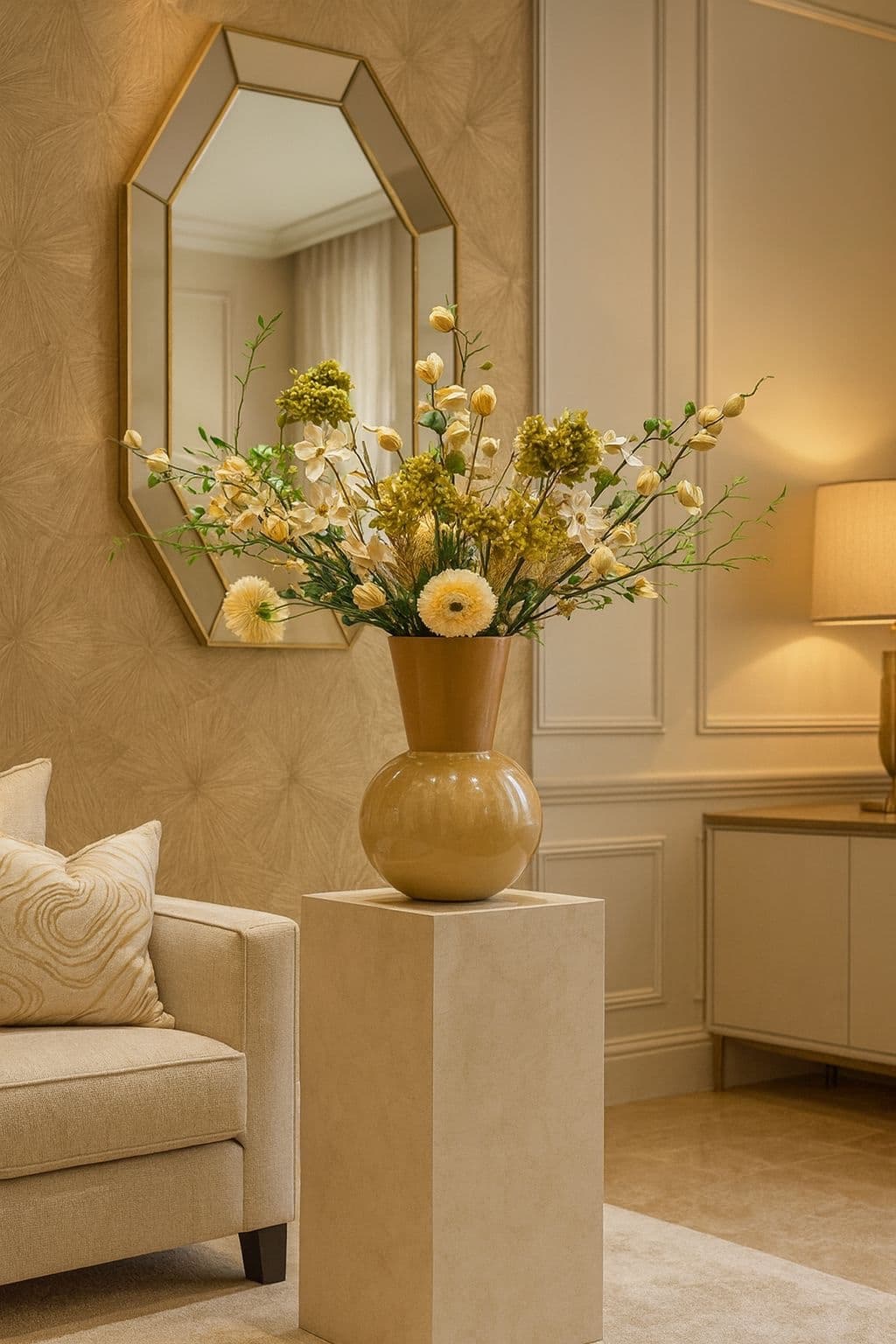 Vaas taupe opgemaakt met zijdebloemen XL (92 cm hoog)