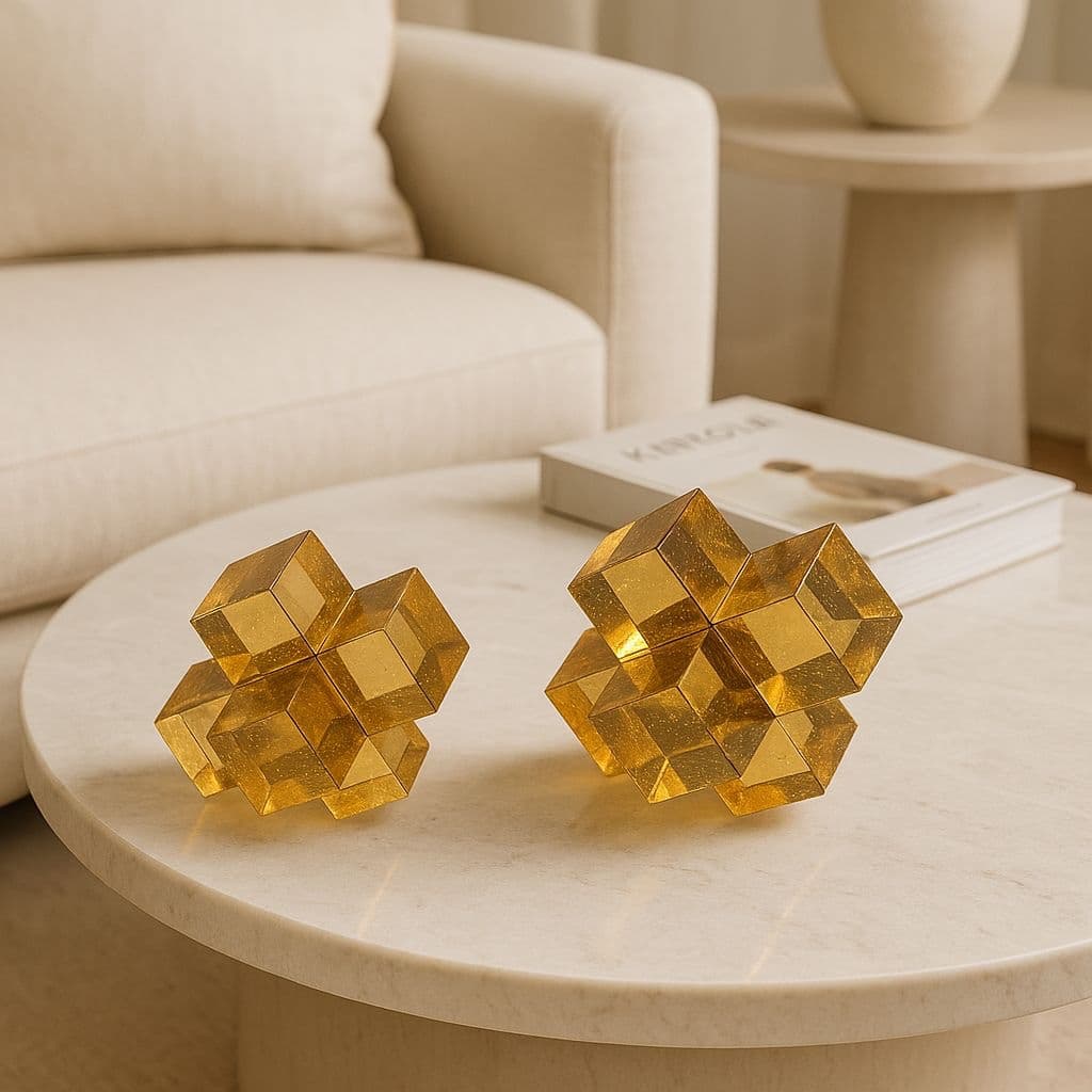 Kristal ornament set van 2 gouden kubusbeeldjes 15 cm