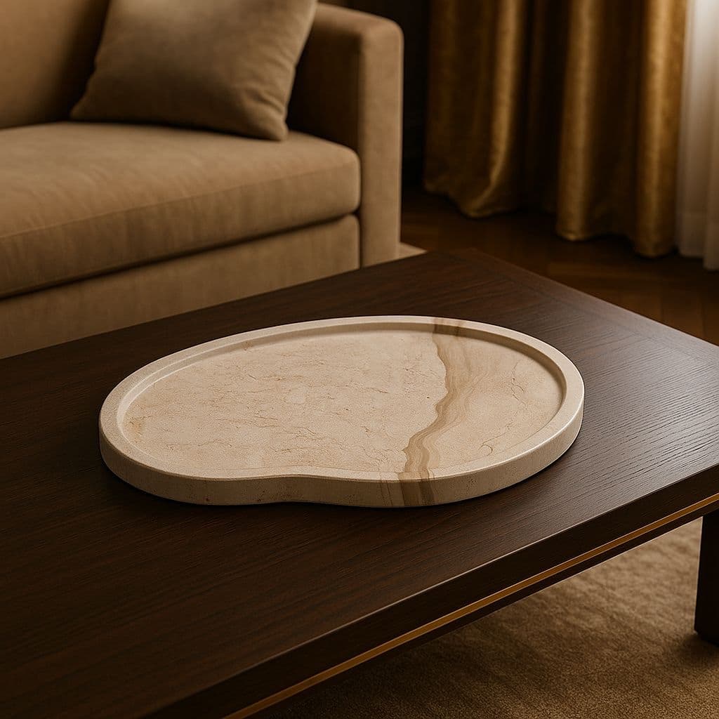 Organisch gevormd dienblad van beige-taupe marmer met natuurlijke aders, op een donkere houten tafel