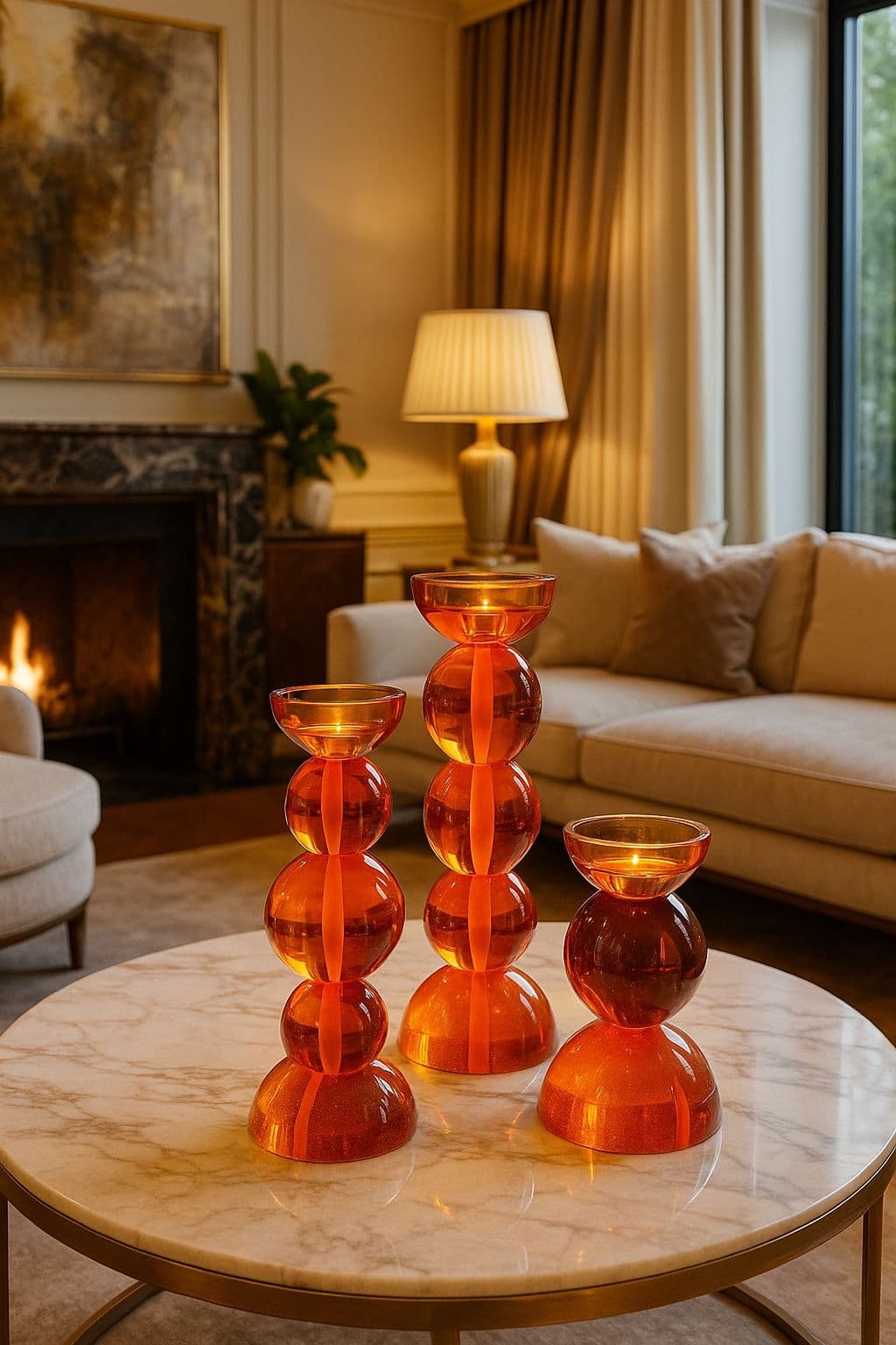 Kaarshouders glas oranje set van 3 (H16-H38 cm)