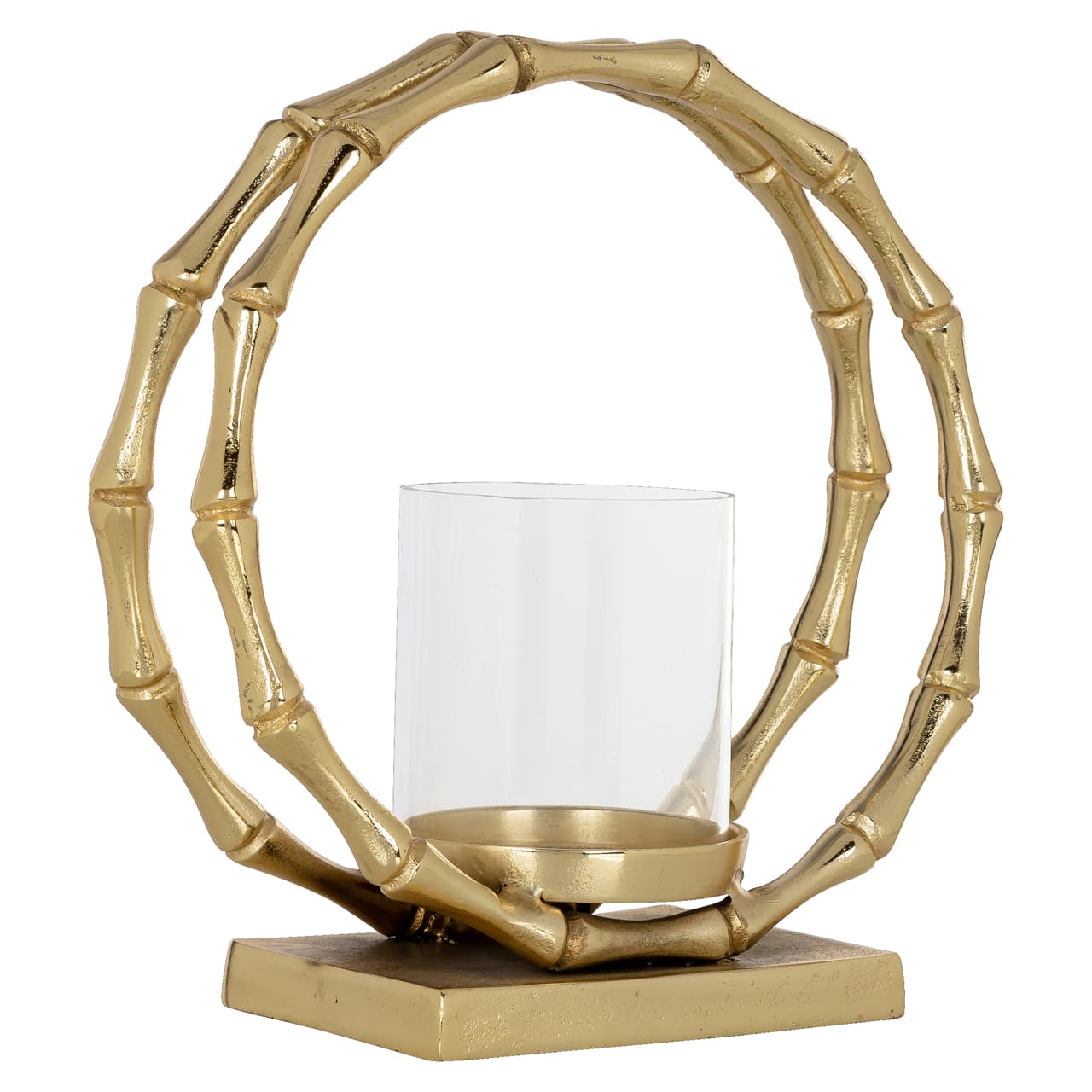 Windlicht goud bamboe-ring design met glazen houder 27 cm