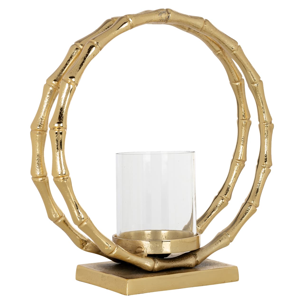 Windlicht goud aluminium met bamboelook ring en glazen houder 31 cm