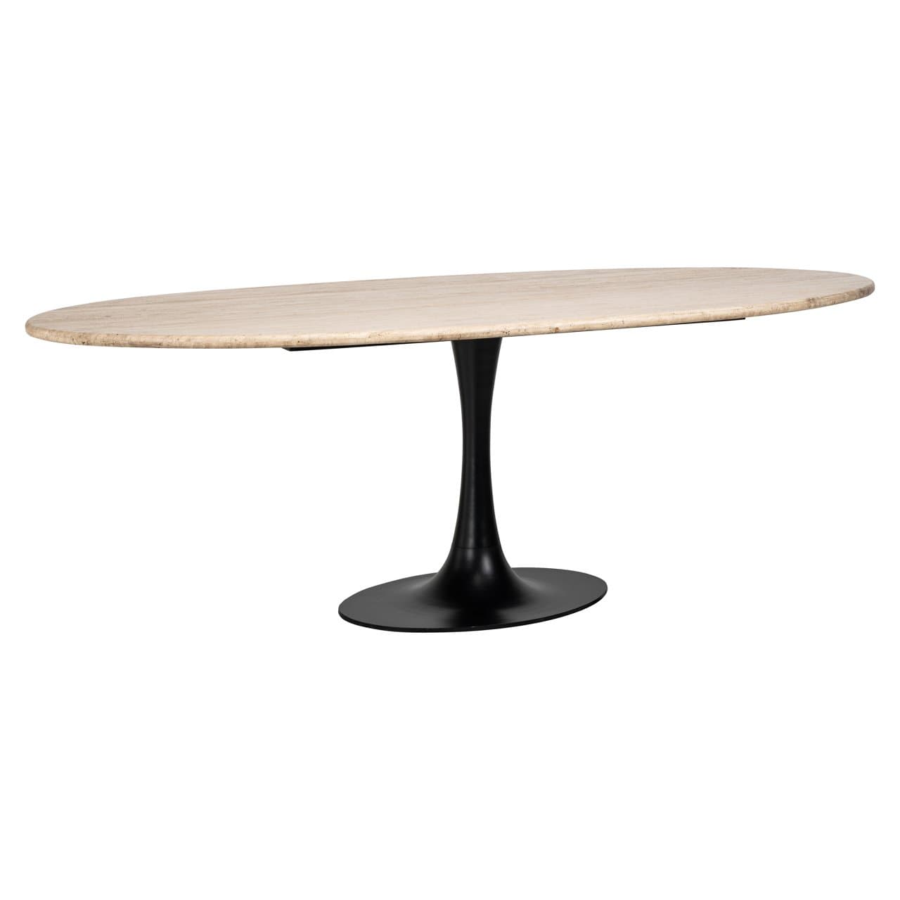 Eettafel Hampton ovaal travertijn blad met zwart ijzeren voet 230 cm