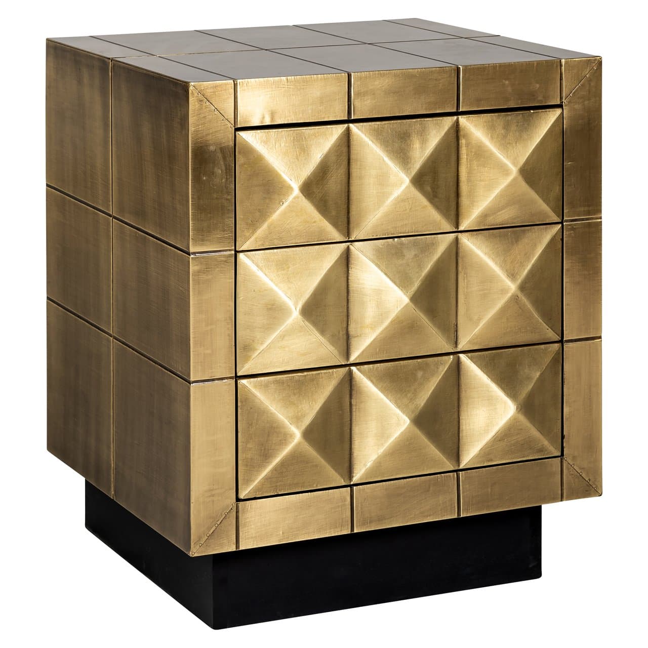 Nachtkastje Collada brushed gold met 3 deuren en piramidemotief