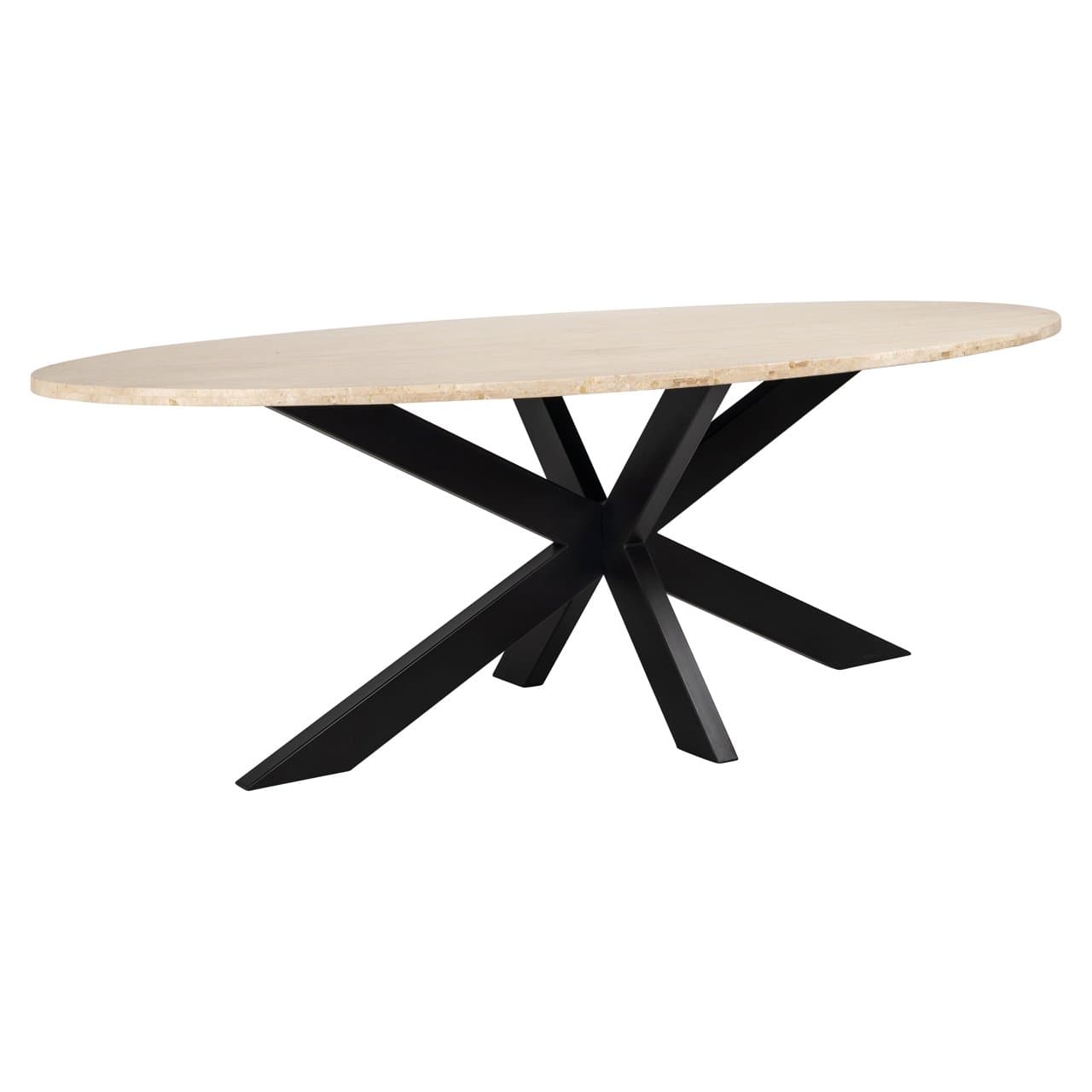 Eettafel Avalon travertijn ovaal 230 cm met zwart metalen poot