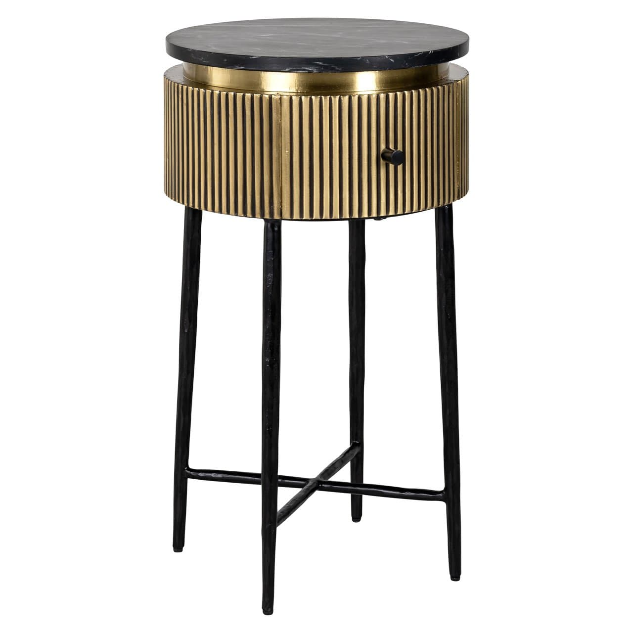 Bijzettafel met zwart marmeren blad en gouden ribbelrand 40 cm