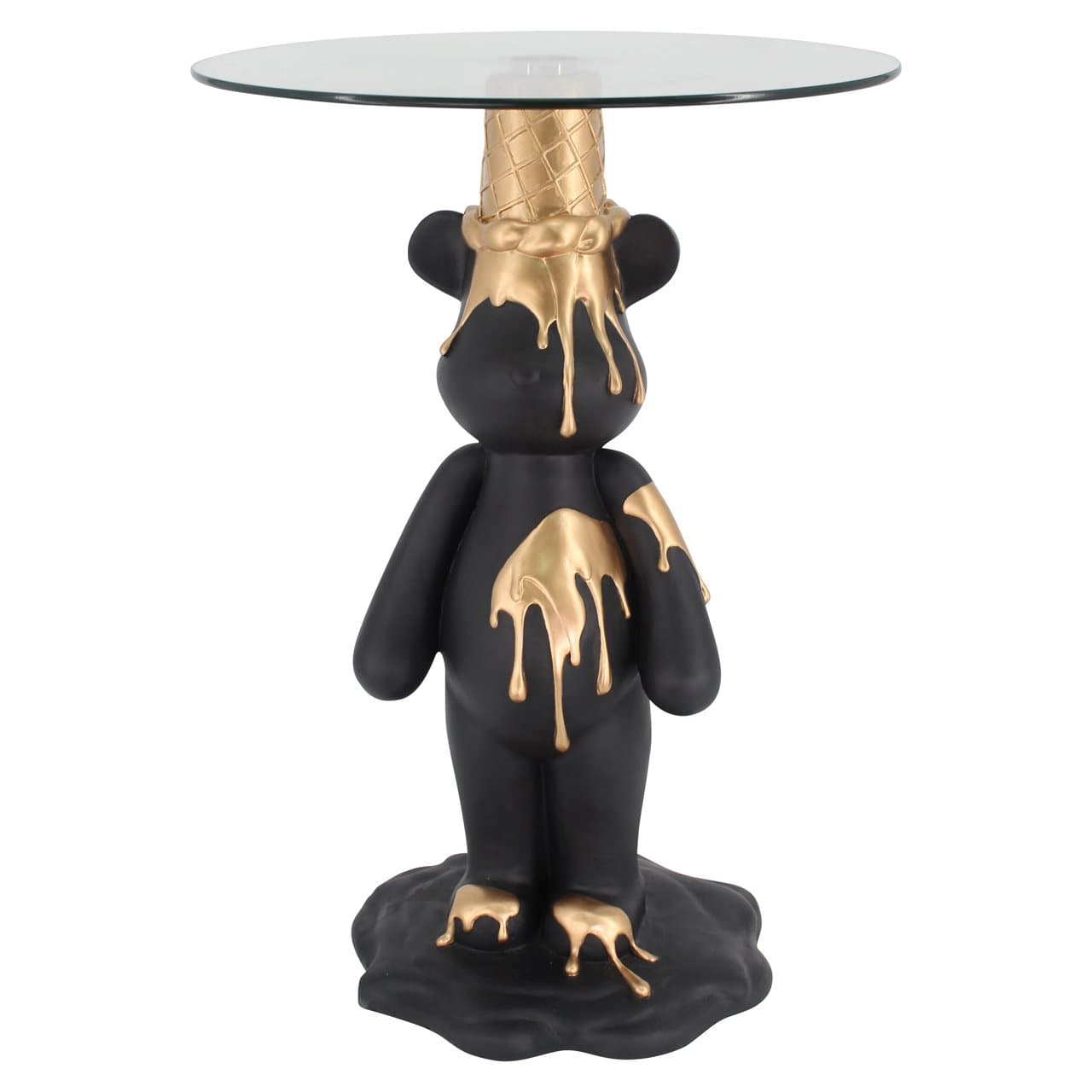 Bijzettafel beer met glazen blad zwart/goud 69 cm