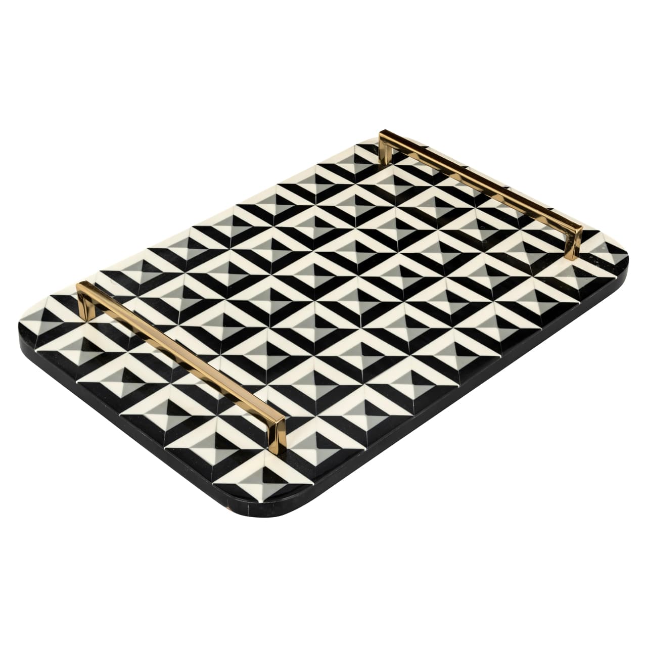 Dienblad Birte zwart wit met geometrisch 3D patroon en gouden handvatten