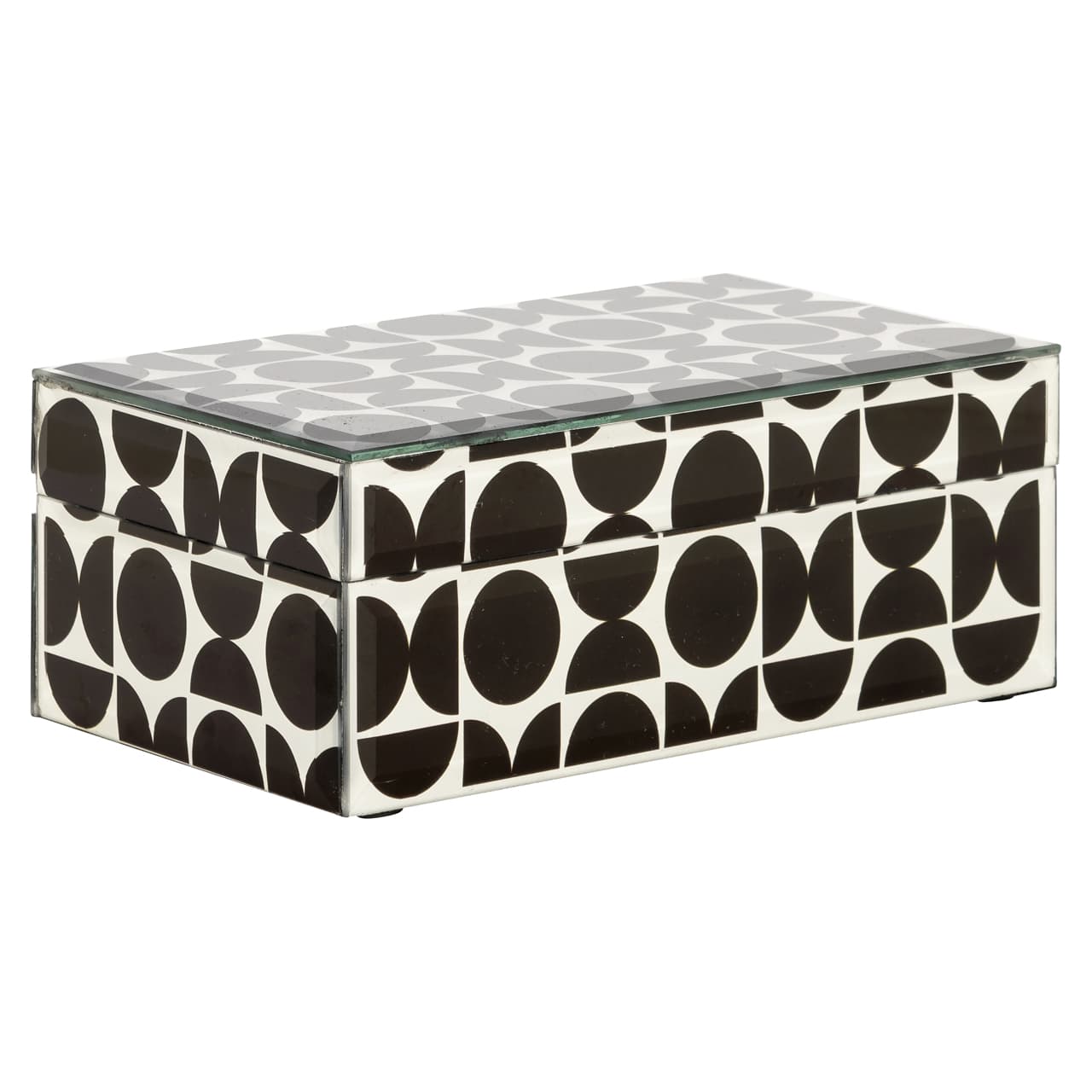 Opbergdoos zwart-wit geometrisch patroon MDF en glas 20x8,5 cm