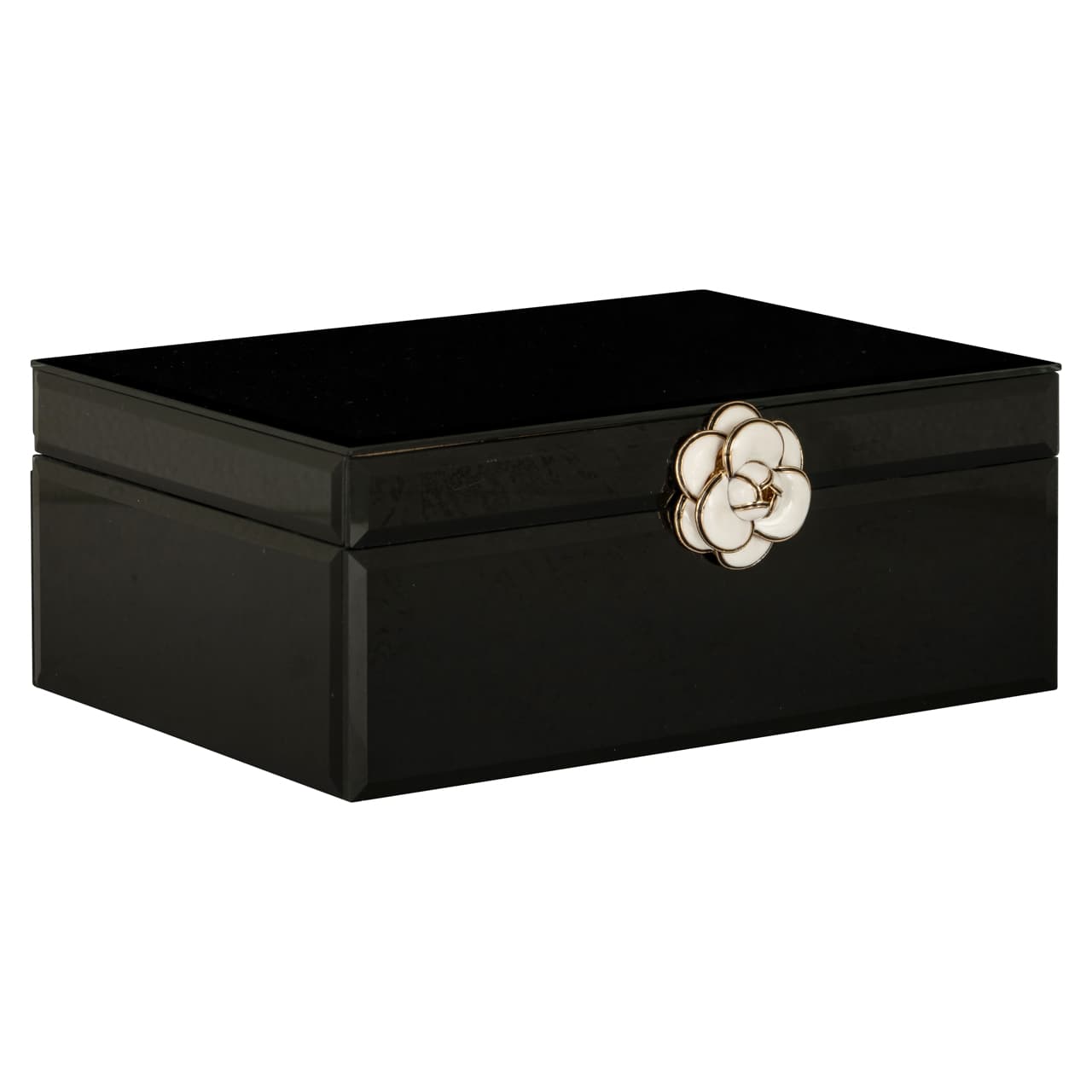 Opbergdoos Vivy zwart met bloemdecoratie MDF/glas 25 cm