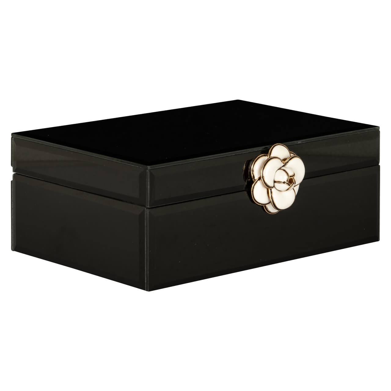 Opbergdoos Vivy zwart met bloemsluiting 22x8,5 cm
