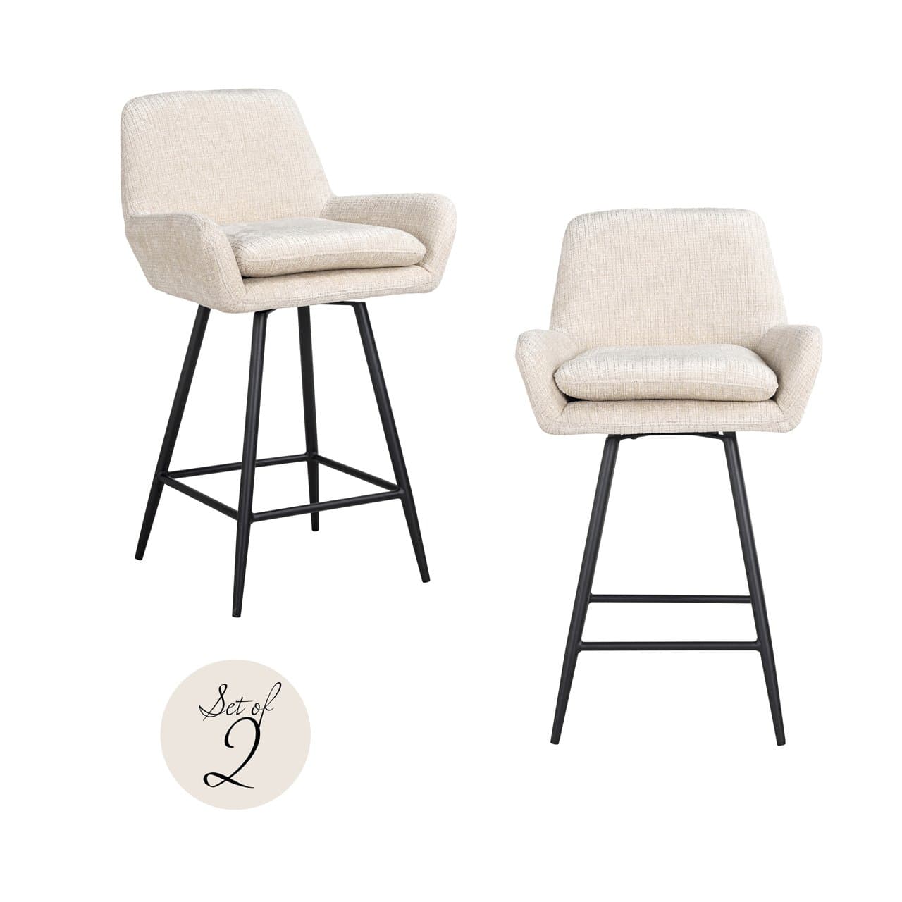 Counterstoel Linsey beige chenille met armleuningen set van 2