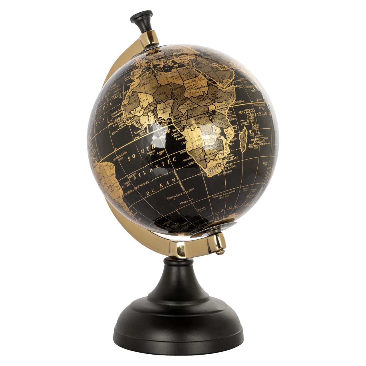 Wereldbol decoratie zwart/goud met wereldtijdring 35 cm