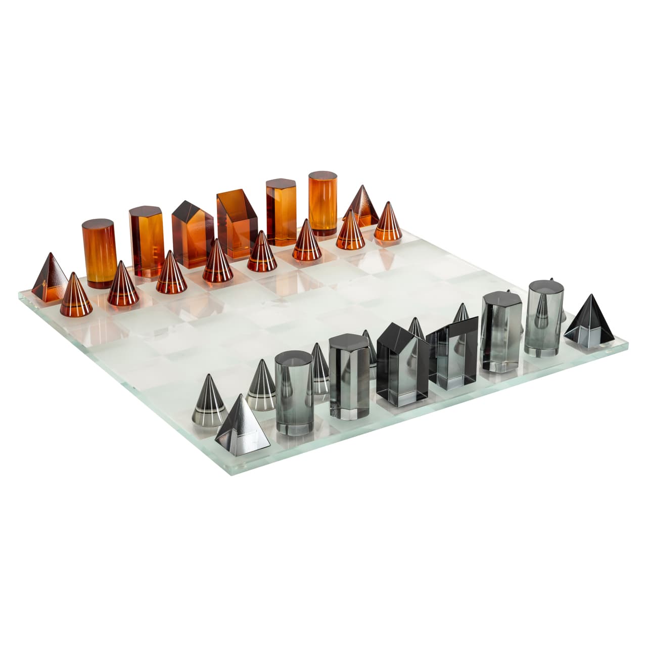 Schaakspel Zyenna met glazen bord en geometrische stukken