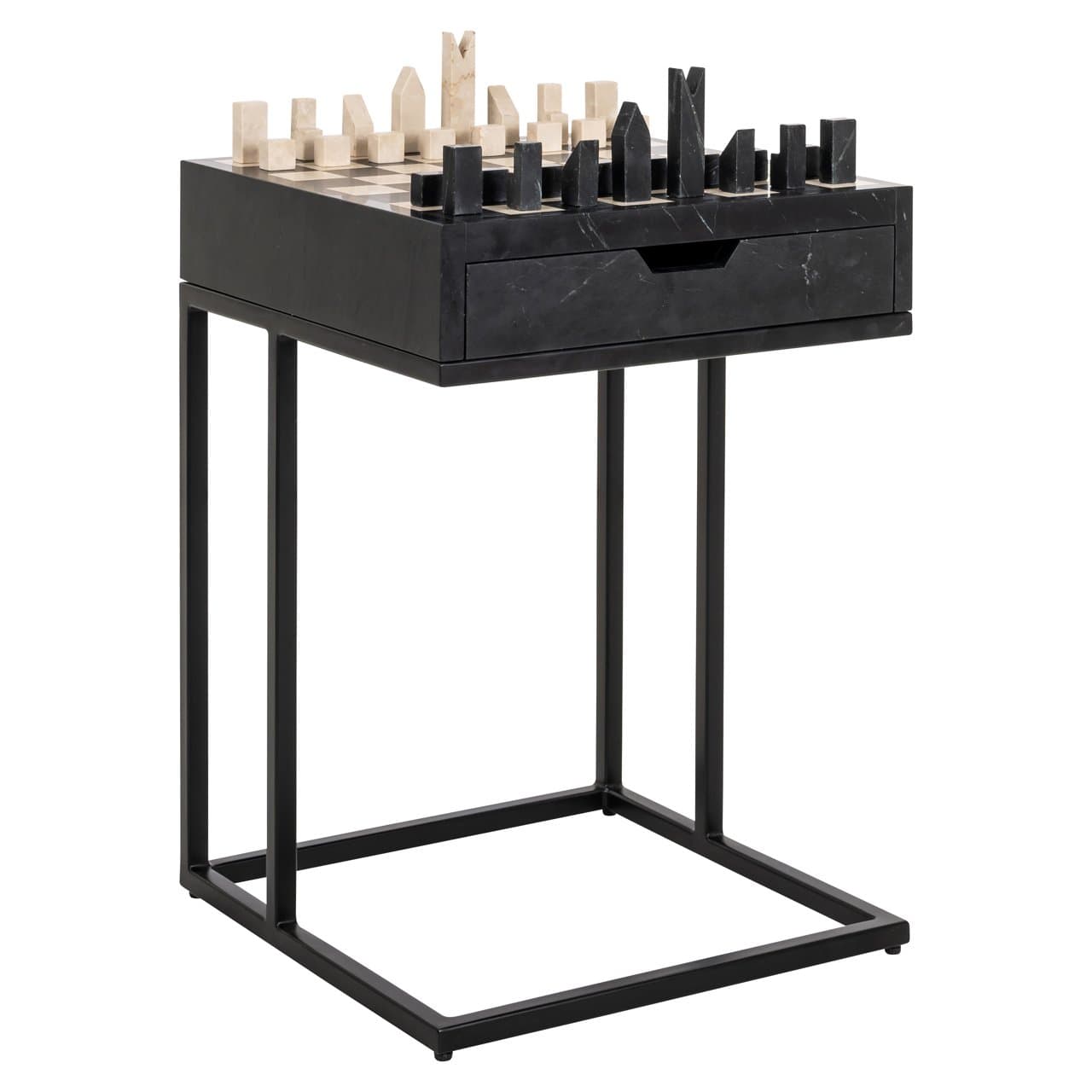 Bijzettafel schaakbord Davos zwart marmer met lade 62 cm
