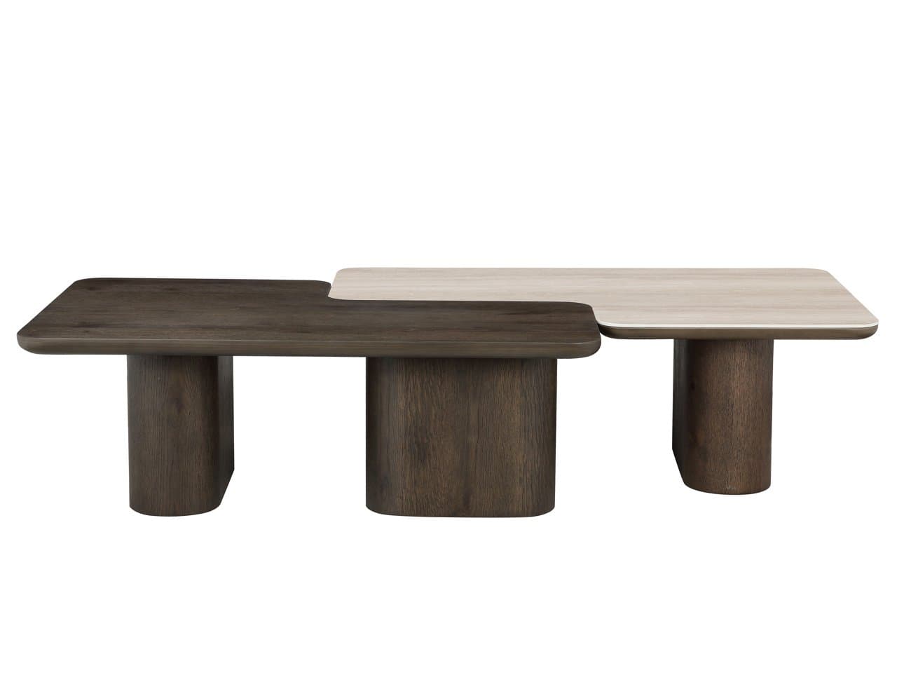 Salontafel set van 2 Nando brown travertin keramiek en eiken