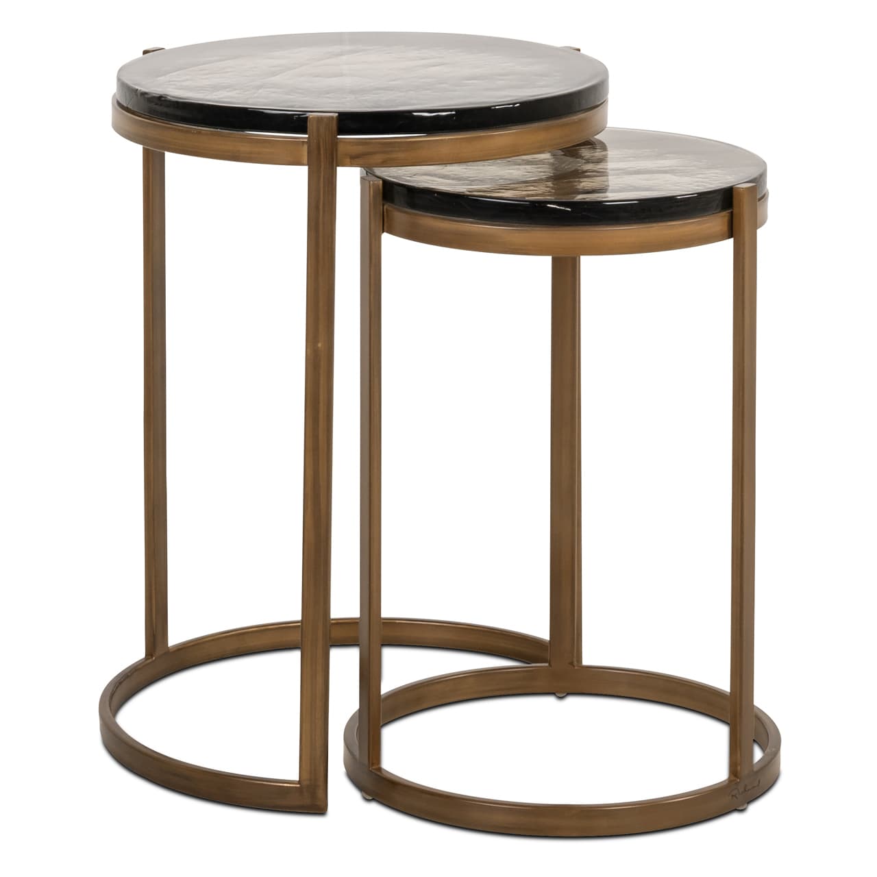 Bijzettafel Cleo set van 2 rond goud met gegoten glas
