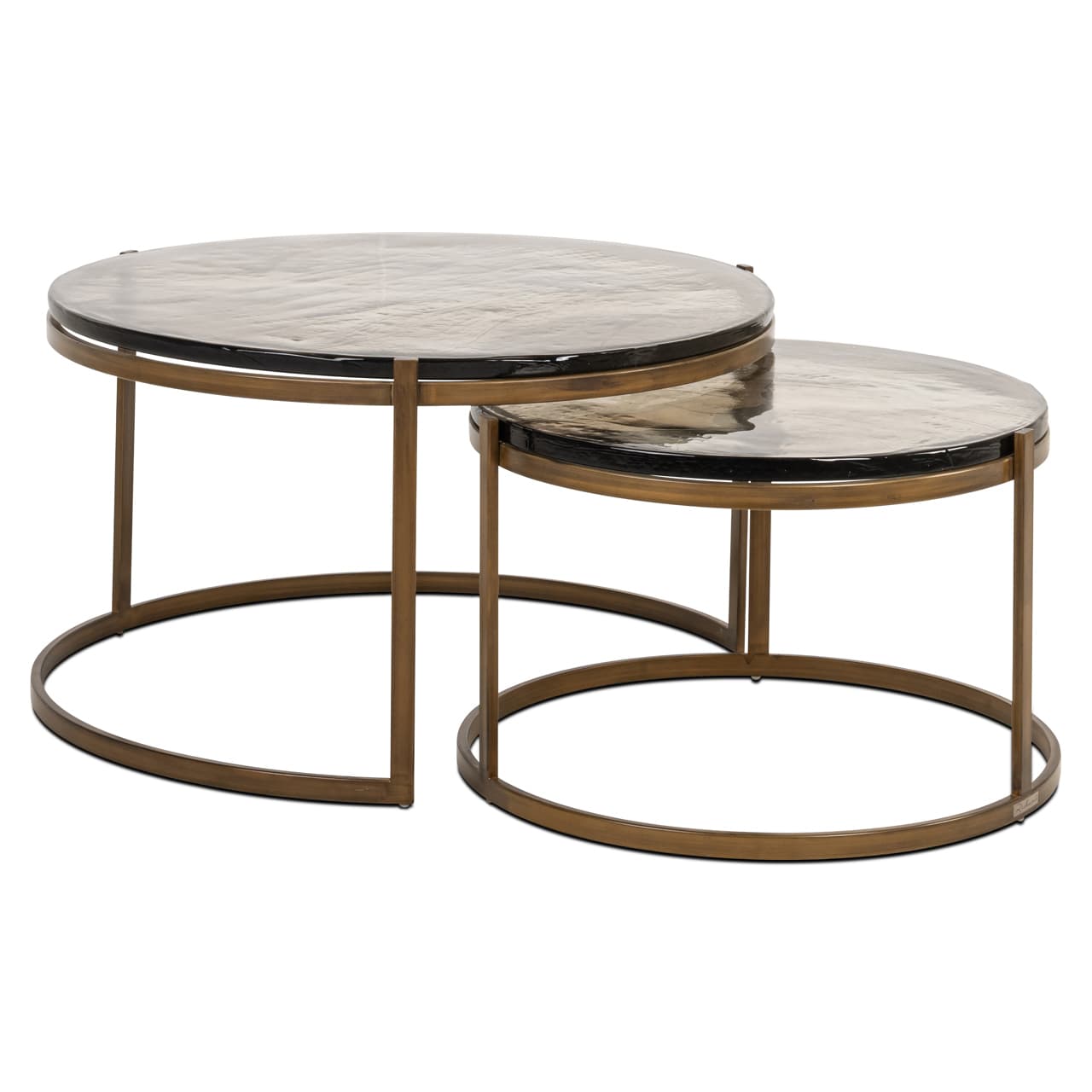 Salontafel set van 2 rond gegoten glas gouden frame 82 cm