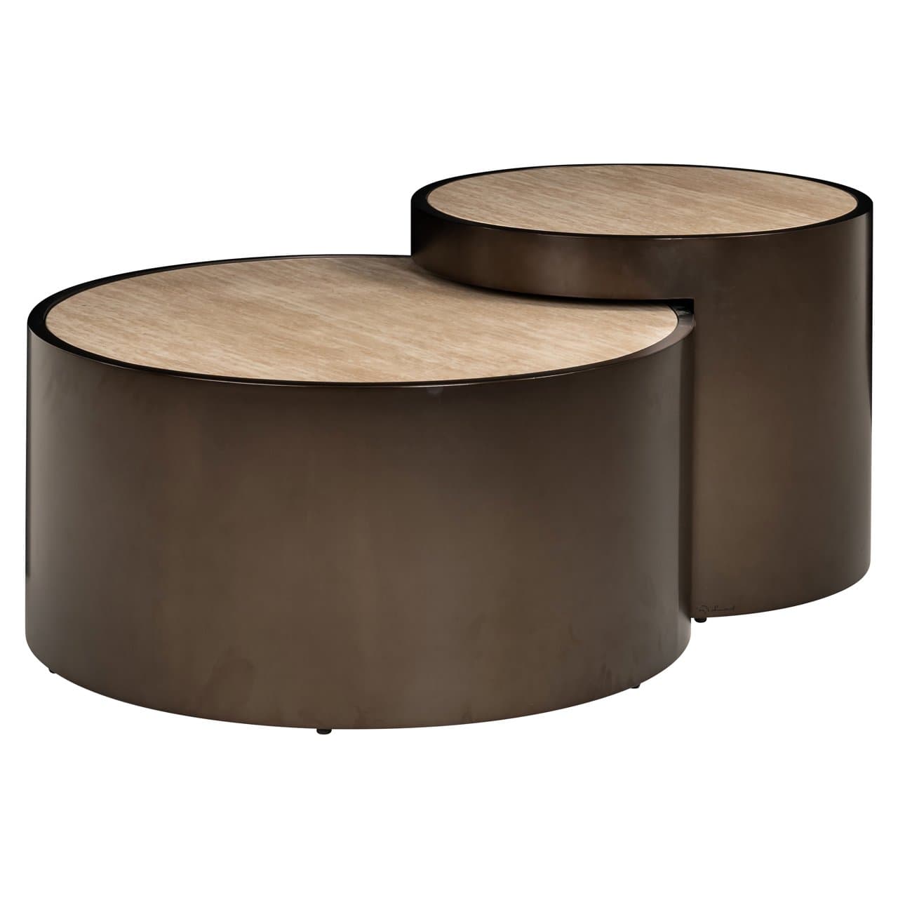 Salontafel set van 2 ronde tafels met faux travertine blad en bronzen rvs