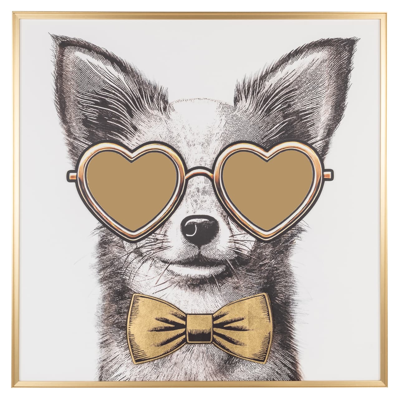 Wall art chihuahua met gouden hartjesbril 100x100 cm