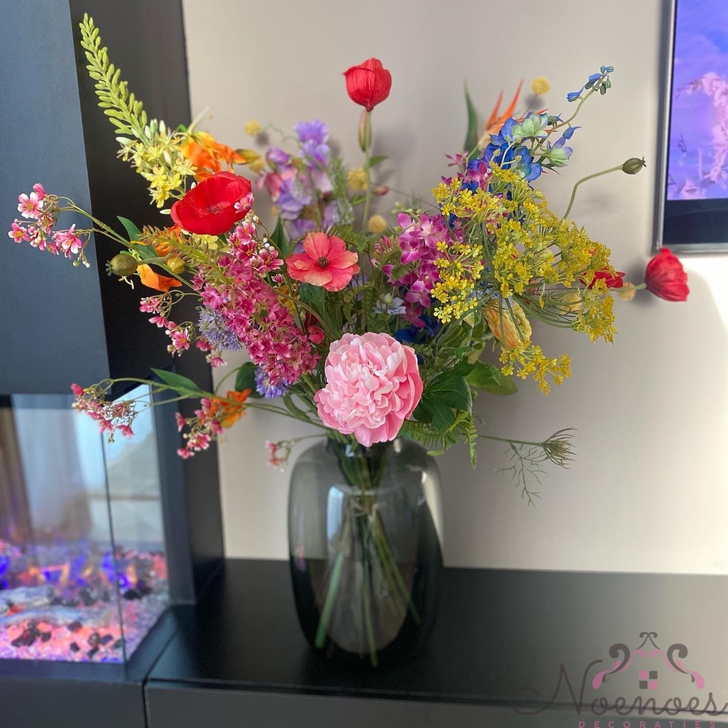 Vaas smokey XXL boeket zijdebloemen kleurrijk 92 cm