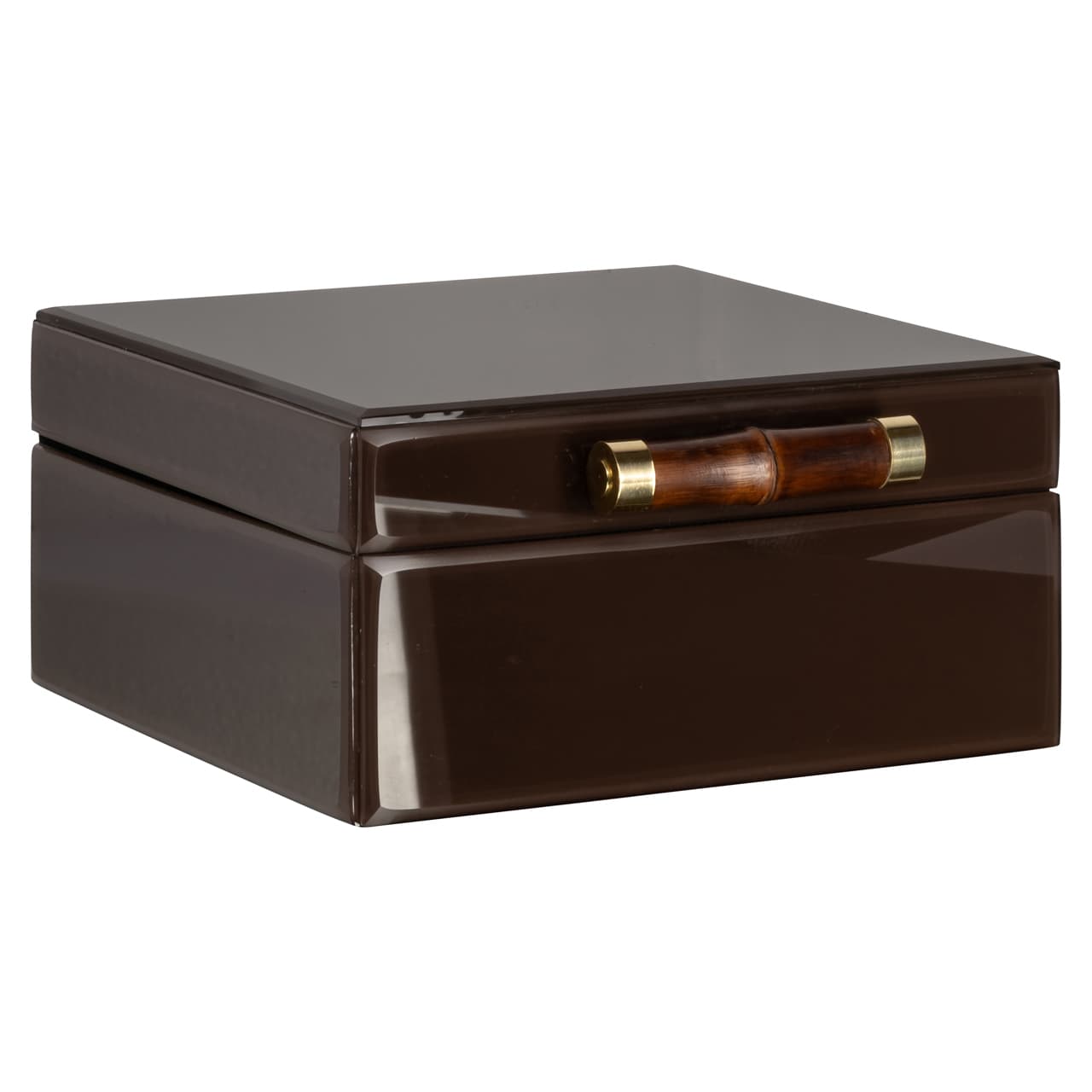 Opbergdoos dark brown met bamboe greep en zwart suède interieur