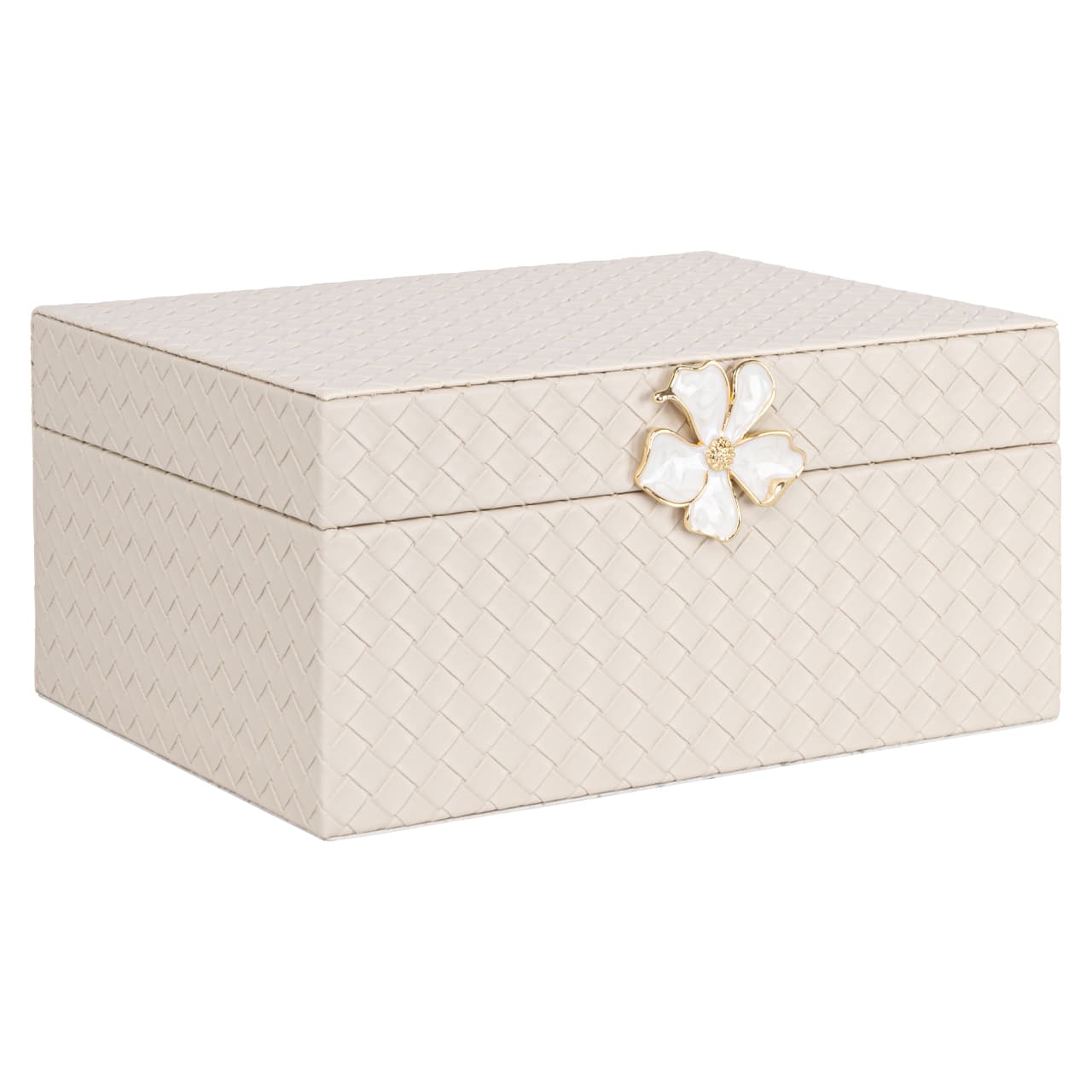 Opbergdoos ivory lillie met gevlochten PU-leer en bloemsluiting 23 cm