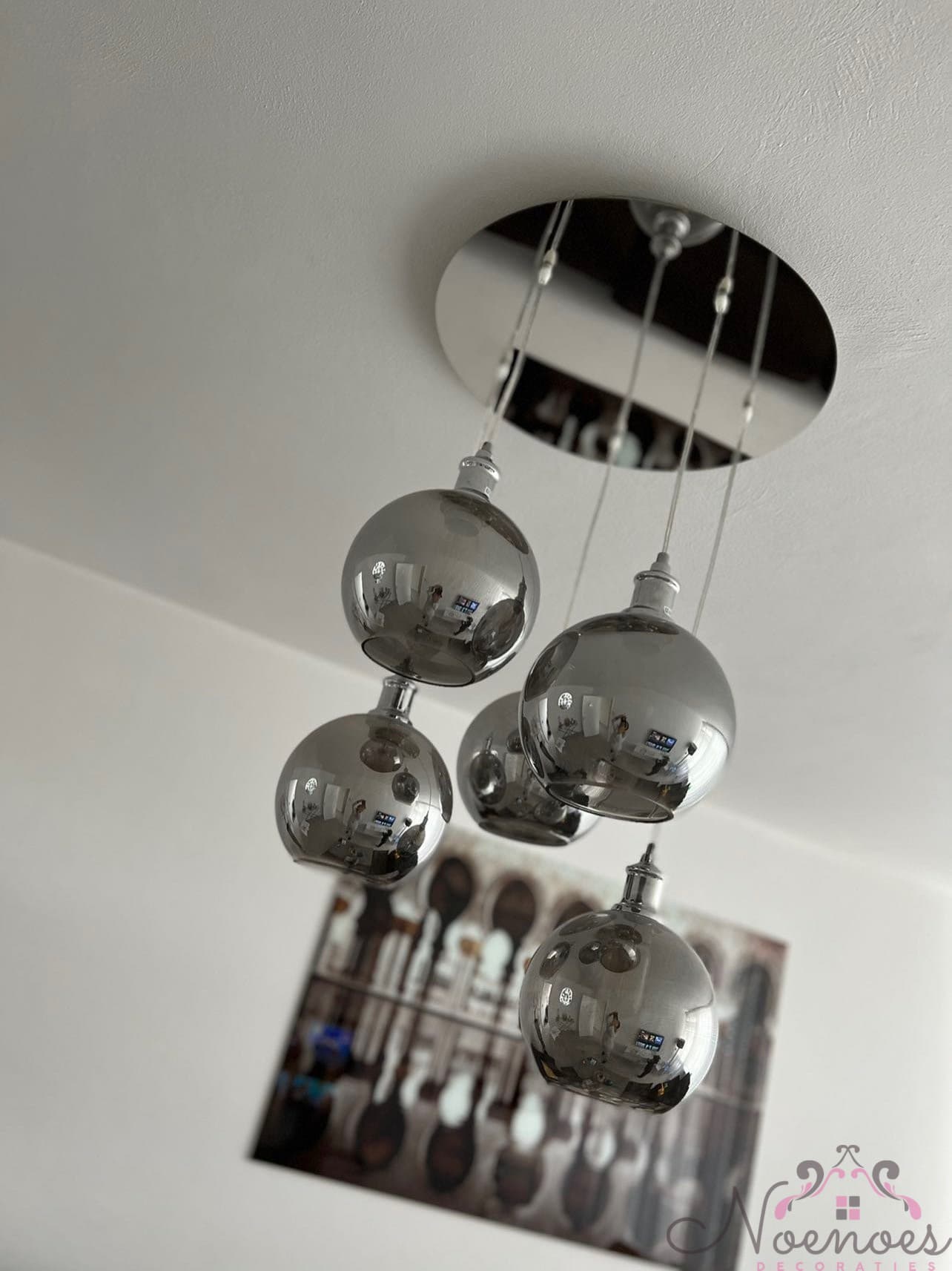 Bollamp zilver set van 5 glazen bollen hanglamp